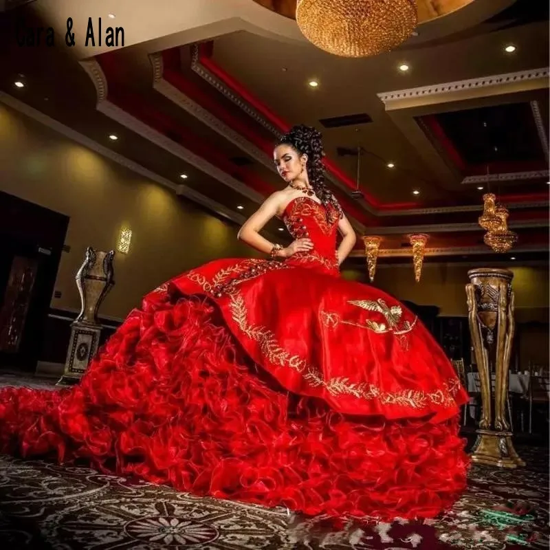 Роскошное красное платье Quinceanera бальное с вышивкой маскарадные наряды 16 платьев