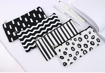 

100pcs Black and White Wavy Stripe Pencil Bag Creative Oxford Cloth Zipper Pen Pouch Office School Supplies WB1451