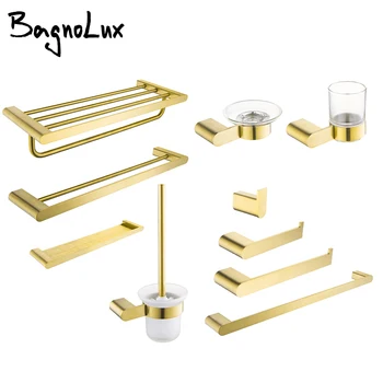 Spazzolato Oro In Acciaio Inox A Parete A Mano Barra di Tovagliolo di Carta Igienica Titolare Accappatoio Asciugamano Ganci Accessori Per il Bagno Set Kit