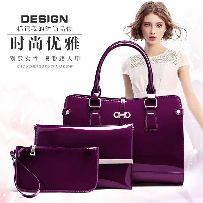 

2017 New Style Europe And America Women's Patent Leather Bright Surface Different Size Bags Three-piece Set Hand Shoulder Obliqu
