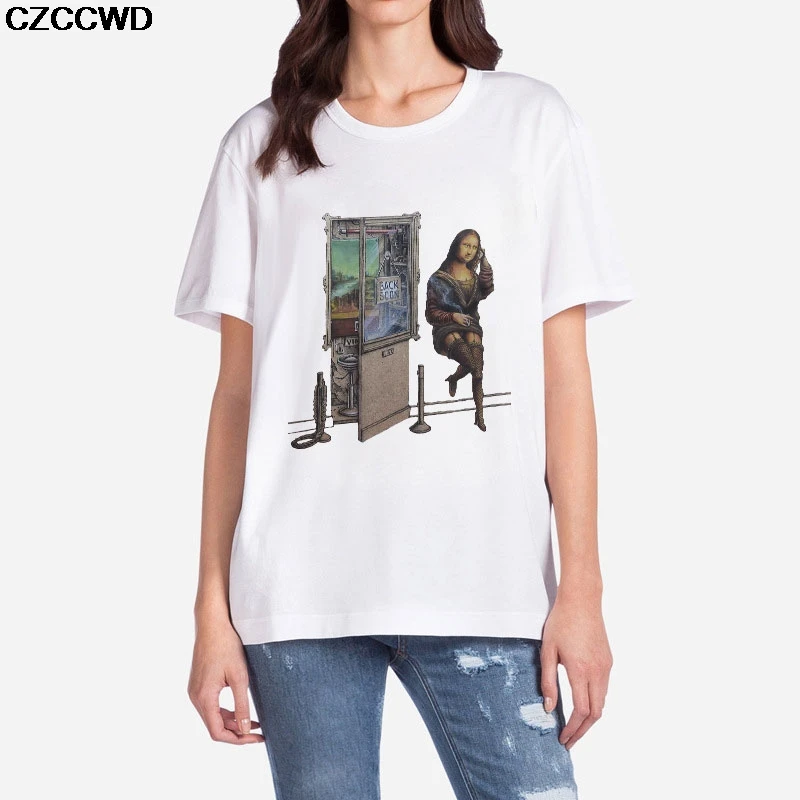 2019 New Tops Spoof Mona Lisa Print Harajuku Aesthetic Fashion Casual Short Sleeve Korean Style Vint