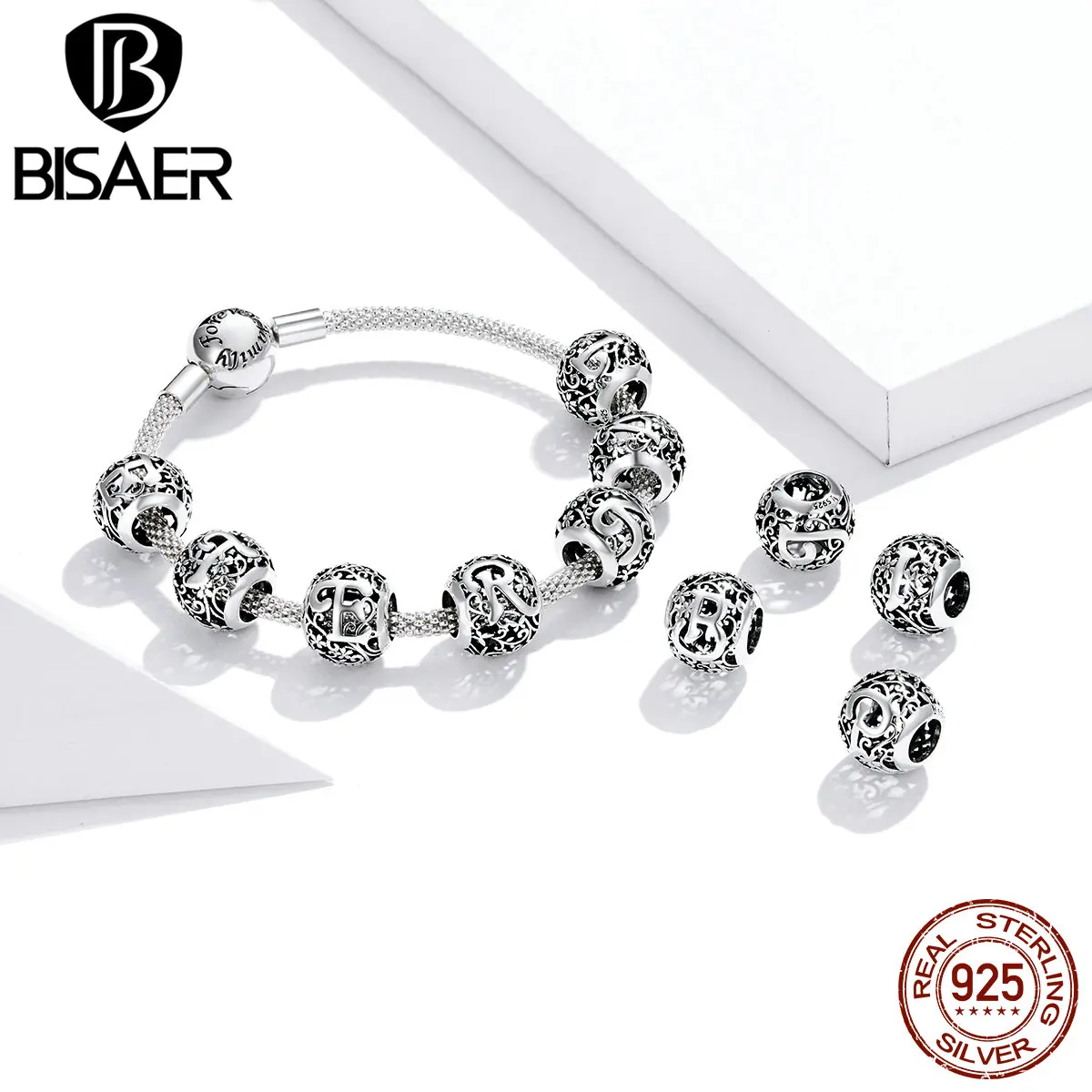 Fashion Bisaer Mori Letters Charms 925 Sterling Silver Letter AZ Beads
