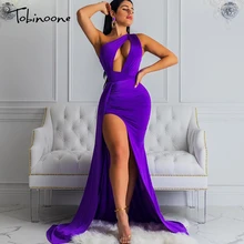Tobinoone Открытое платье на одно плечо, облегающее Макси вечернее платье для вечеринки, женское сексуальное однотонное длинное платье с высоким разрезом, Vestidos