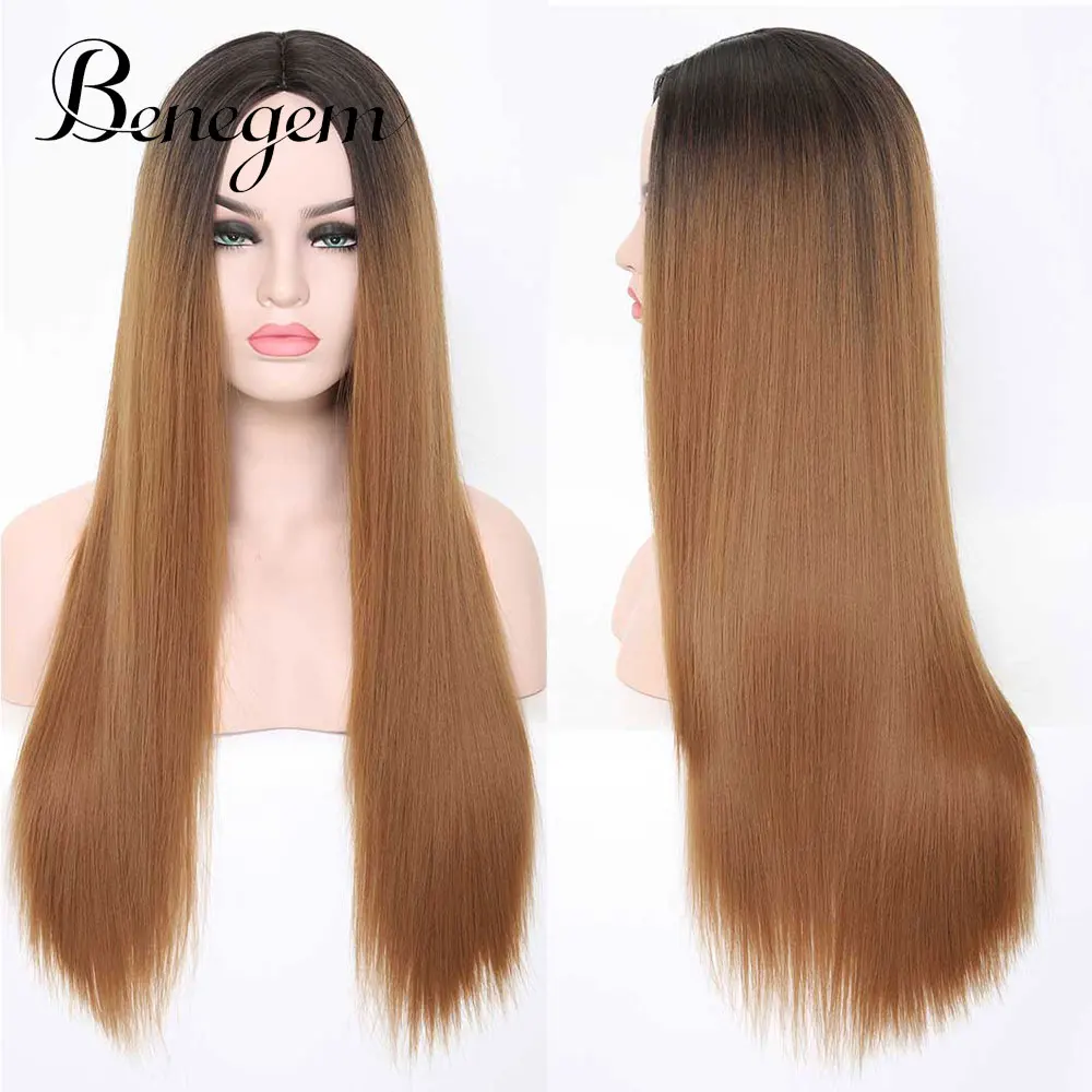 1B/27HL Benegem 24 inch Long Black Wig Synthetic Straight Women Wig Middle Part Non-Lace Cosplay Wigs for Party Costume 60 cm - Цвет: 1B/27HL