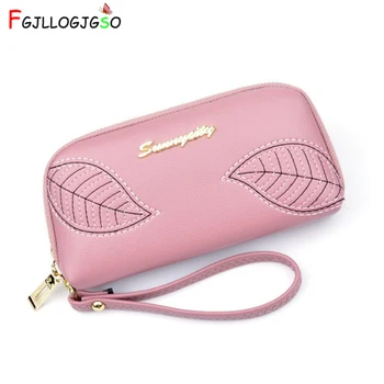 

2019 fashion Embroidered leaves Women Long Wallet Female Wallet zipper PU leather coin purse Lady Bank card package Girl Wallet