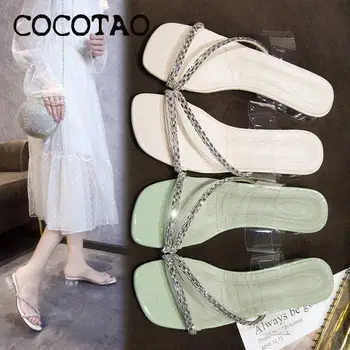 

Slippers Women Summer Wear 2020 New Fashion Wild Thin Belt Fairy Feng Shui Rhinestone Word Drag Thick With Sandals And Slippers