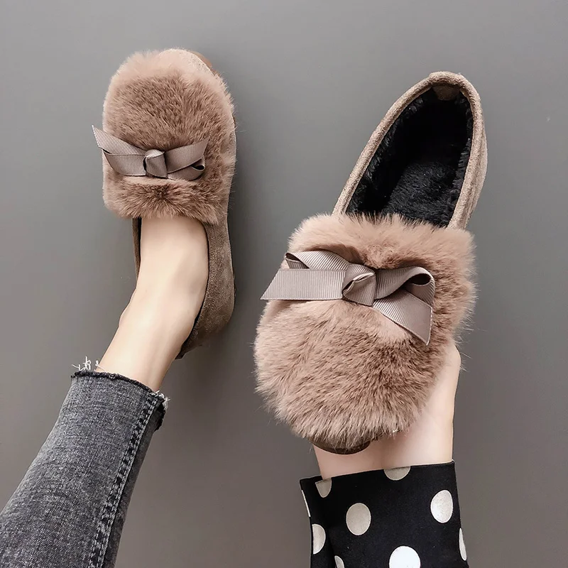 

Women Shoes Autumn Bow-Knot Elegant Round Toe Casual Female Sneakers All-Match Loafers Fur 2019 Fashion Women's Flats Fall New