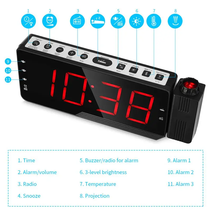 

Digital Radio Alarm Clock Projection Snooze Timer Temperature Led Display Usb Charge Cable 110 Degree Table Wall Fm Radio Cloc
