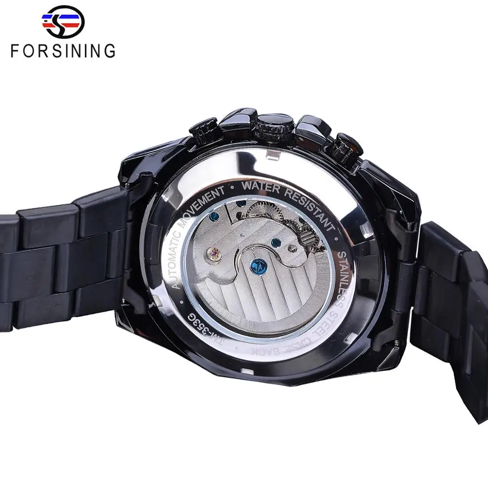 Forsining-男性用の黒い自動機械式時計,自動巻きトゥールビヨンスケルトン,カレンダー,ムーンフェイズ,スチールストラップ,男性