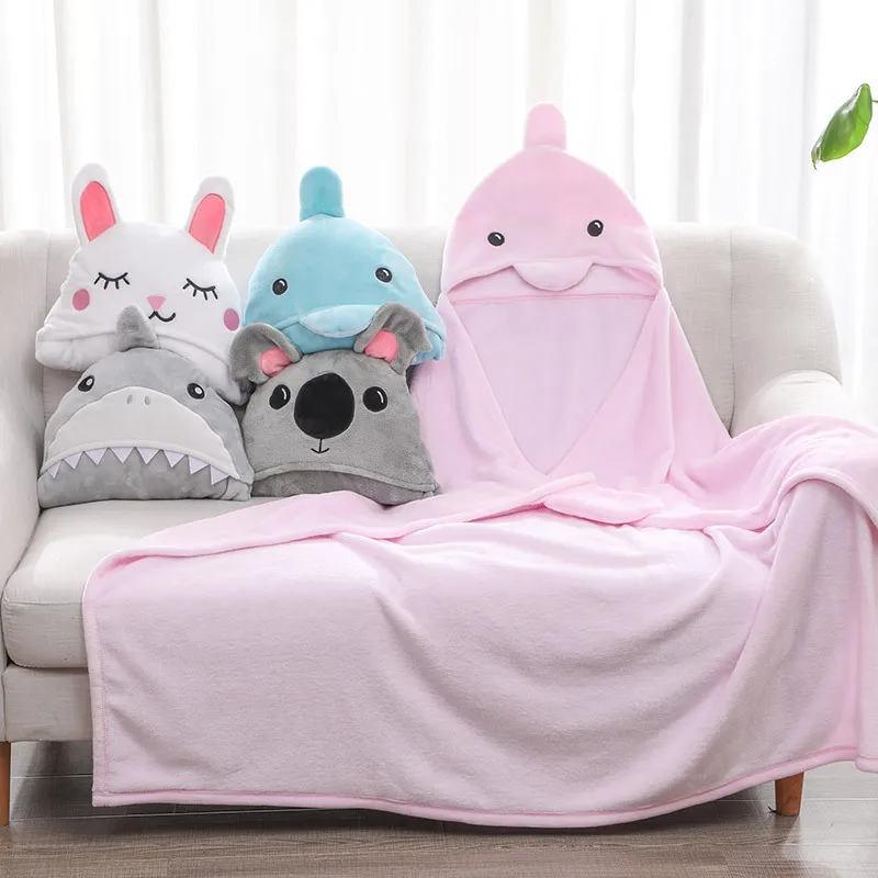 

Shark Blanket Cartoon Bunny Bear Hooded Blanket Embroidered Flannel Shawl Blanket Children Pink Blue Gray Flannel Blanket