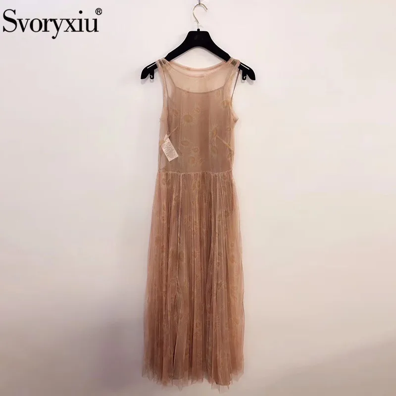 

Svoryxiu Runway Custom Summer Flower Print Mesh Pleated Dress Women's High-End Silk Lining Sleeveless Party Midi Dresses