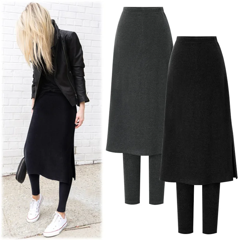 

High Waist Skirts Womens Plus Size Elastic Autumn Winter Korean Plus Velvet Fake Two-piece Leggings female Skirt 6XL