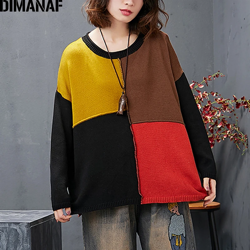 

DIMANAF Plus Size Winter Women Sweater Pullovers Vintage Lady Tops Knitting Thick Patchwork Loose Oversize Casual Female Clothes
