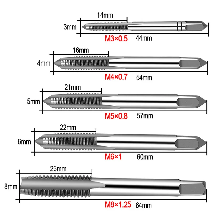 5pcs HSS Machine Screw Thread Metric Plug Tap M3-M8 Set Kit 
