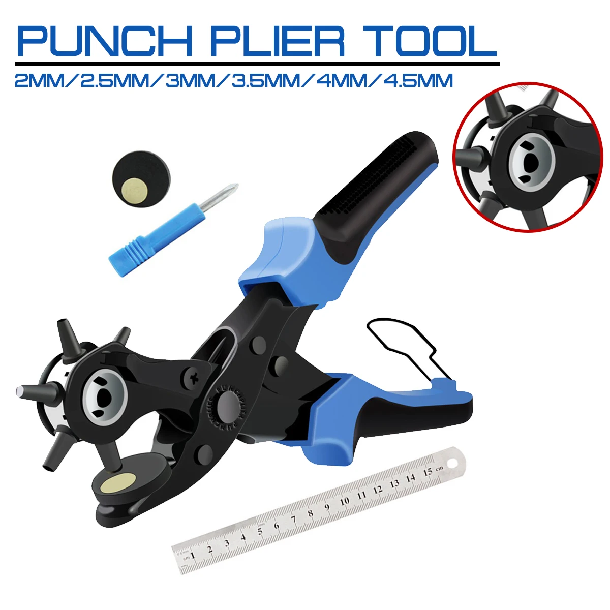 

Punch Plier Tool with 2 Extra Punch Plates Heavy Duty Revolving Leather Belt Hole and Ruler Leather Craft Tool