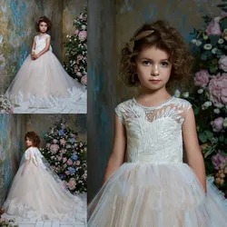 Ivory White Flower Girls Dresses For Wedding Lace Sequins Sheer Neck Kid First Communion Dress with Cape