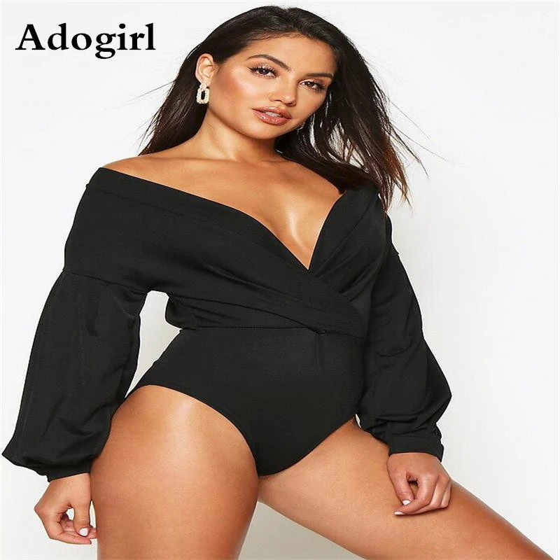 Wrap V Neck Sexy Black/wine red  Bodysuits Women Long Lantern Sleeve Party Romper Fashion Slim Fit Fashion Solid Color Bodysuit sexy bodysuit