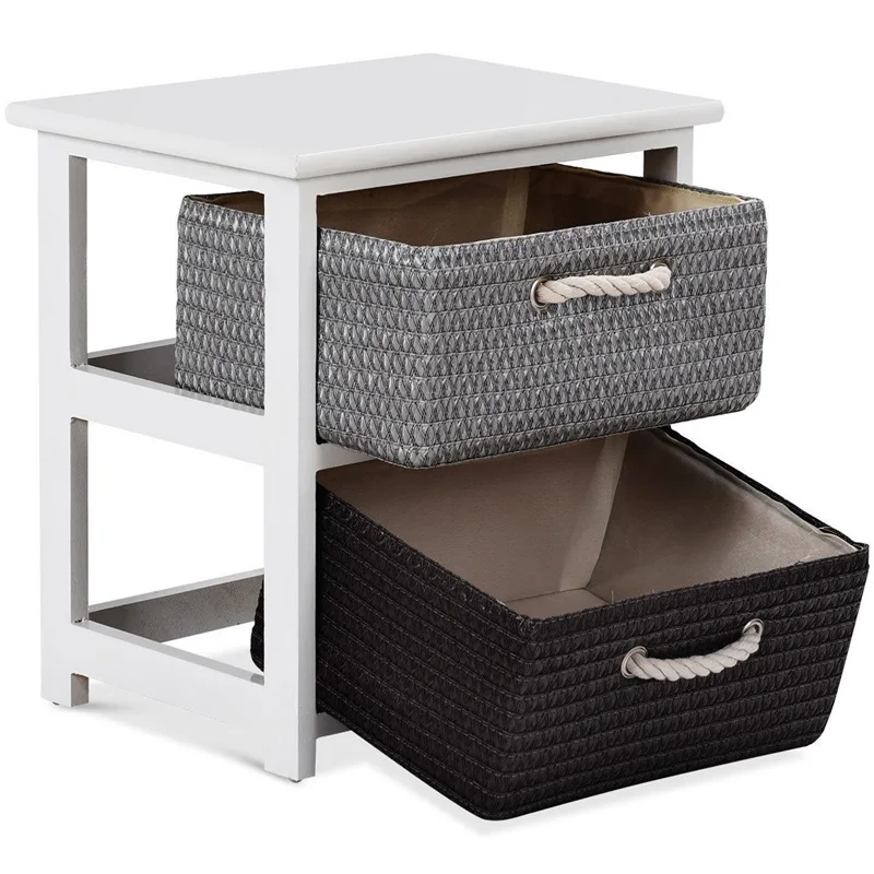 

Wooden Storage End Nightstand with Weaving Baskets Neutral Palette and Stunning Design Highly Functional Table HW60297