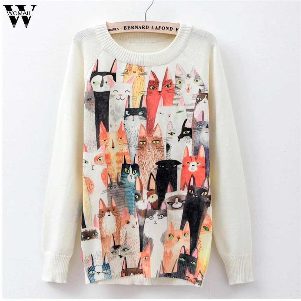 

Womail Sweater Female 2019 Autumn Winter O-Neck Cat Print Loose Long Sleeve Warm sweters women long M-XL