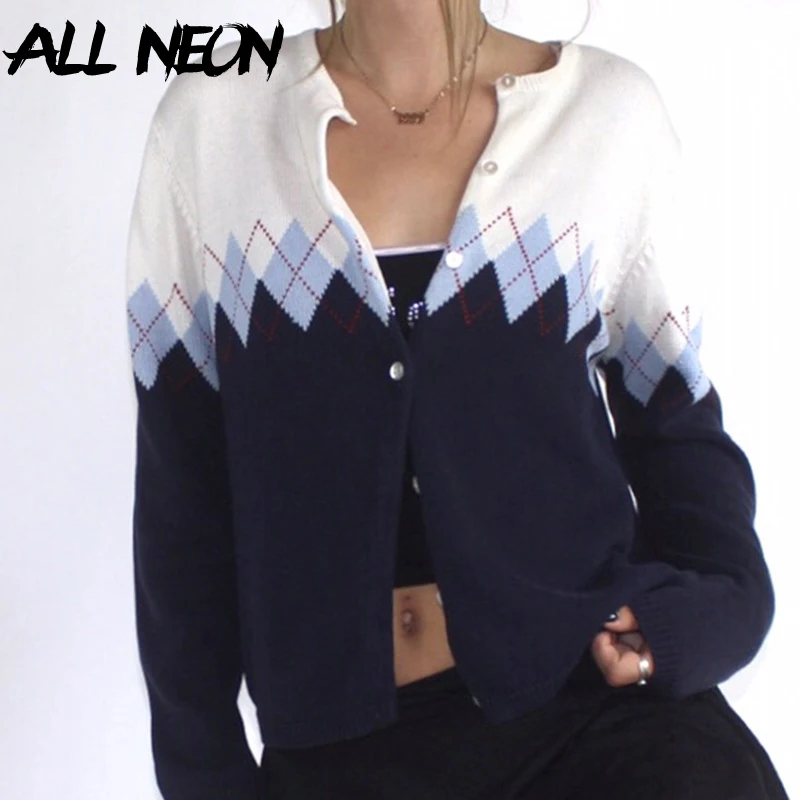 

ALLNeon E-girl Vintage Argyle Plaid Single-breasted Knitted Cardigans Y2K Casual O-neck Long Sleeve Loosed Patchwork Sweaters