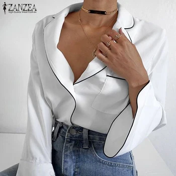

ZANZEA 2020 Fashion Women Tops and Blouses Office Lady Work Chic Shirts Long Flare Sleeve Turn down Collar Button Blusas Chemise