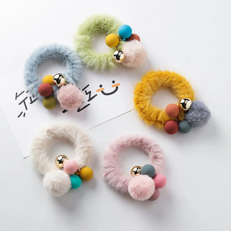 

MENGJIQIAO 2019 New Elatic Hair Band For Women Girl Sweet Flet Pompon Ball Hairbands Scrunchie Students Hair Jewelry Accessories