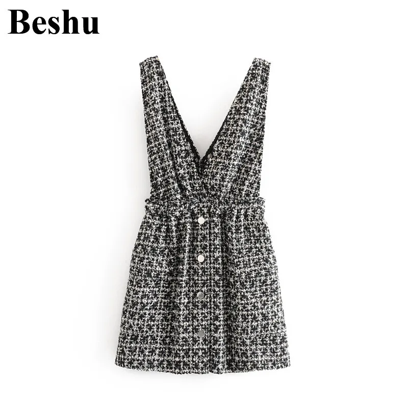 

za 2019 A-line tweed plaid women short vest dress Autumn winter dress women casual houndstooth strap female mini dress