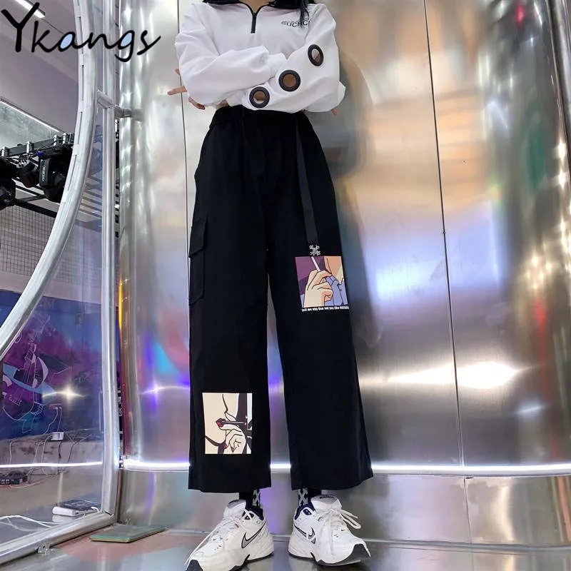 With Belt Wide Leg Baggy Pants Women High Waist Anime Print Women's Joggers Pants Korean Fashion Trousers Harajuku Loose Pants With Belt Wide Leg Baggy Pants Women High Waist Anime Print Women's Joggers Pants Korean Fashion Trousers Harajuku Loose Pants