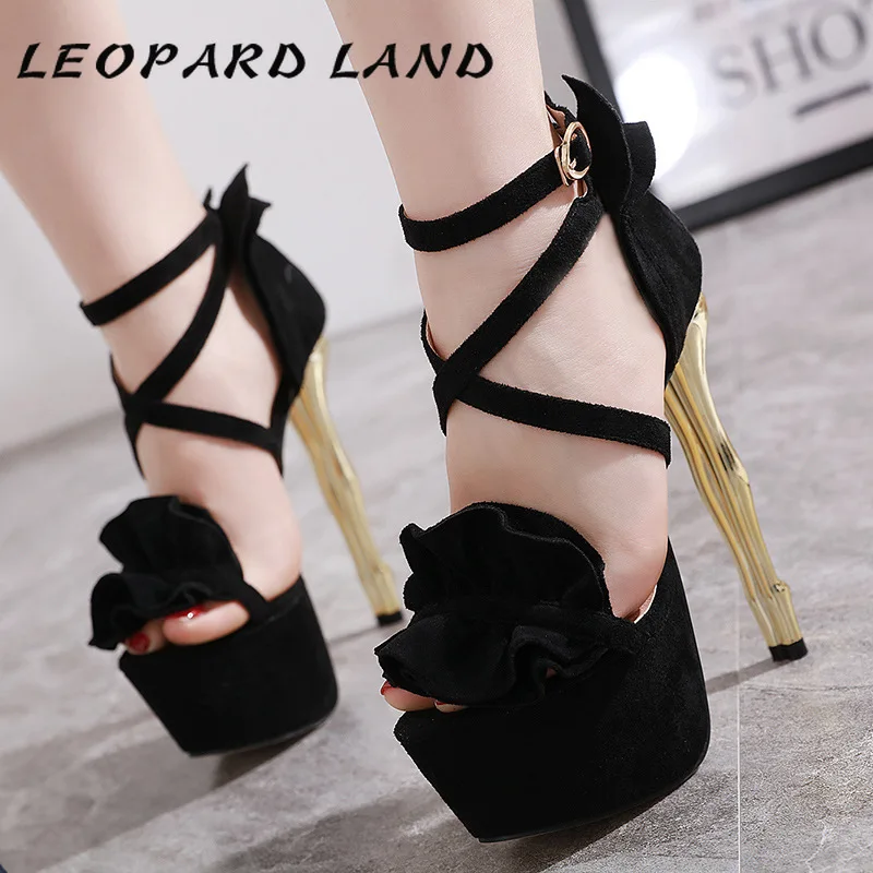 Special-Shop high-Heeled Shoes Suede Round Hollow Open Toe Ladies Sandals Shoes