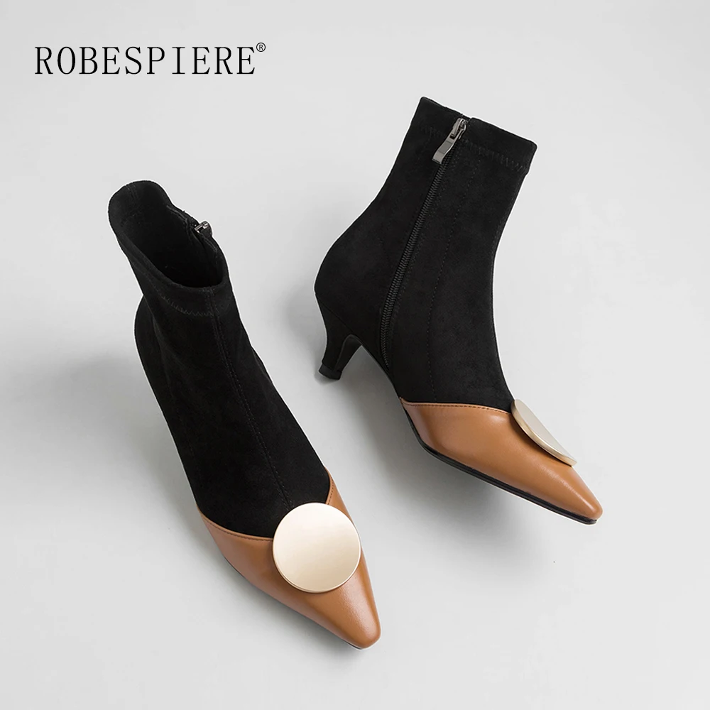 

ROBESPIERE Women Ankle Boots Metal Decoration Zipper Spike Heel Boots Winter Pointed Toe Warm Plush Lady Mixed Colors Shoes B96