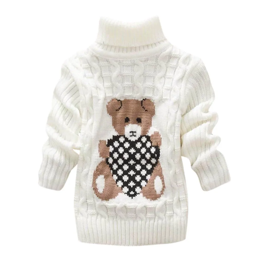 Oeak/Детский рисунок с милым медведем, зимние плотные трикотажные рубашки с высоким воротником для мальчиков и девочек детский пуловер с высоким воротником свитер для малышей