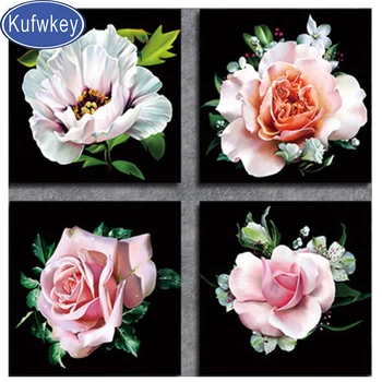 

4 Panels Pink Rose Flower Diamond Mosaic Full Square round Drill 5d Diy Diamond Embroidery Triptych wedding decorations