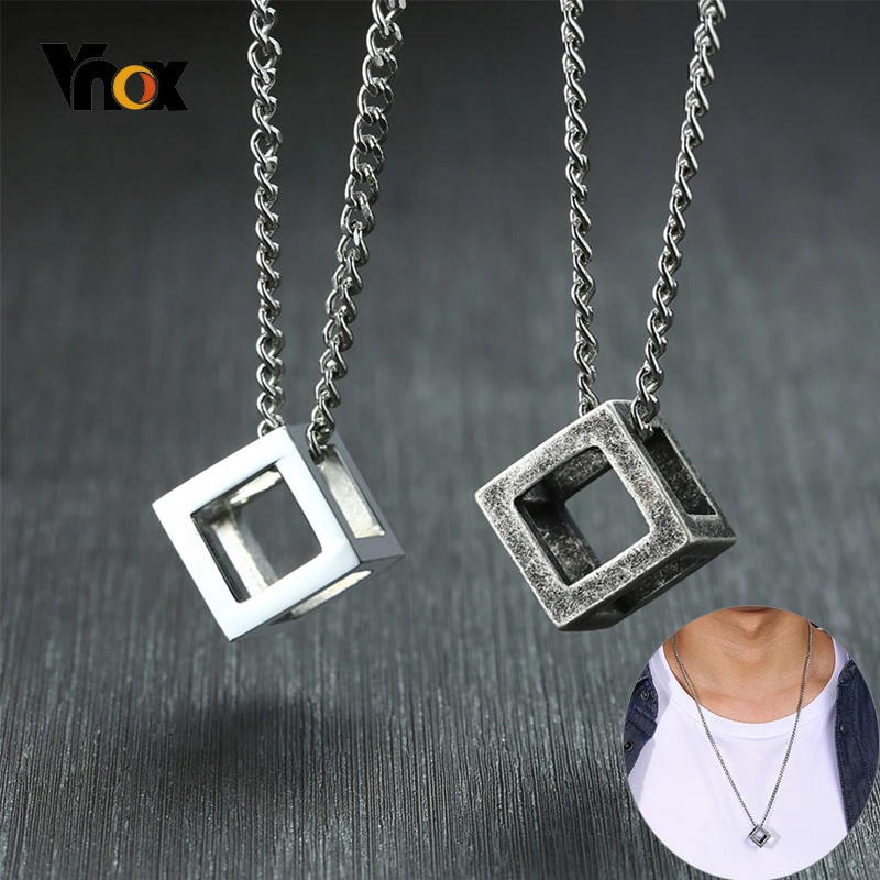 Vnox Ретро пустой кубик кулон для мужчин из нержавеющей стали квадратное винтажное ожерелье панковские геометрические колье 2" цепь