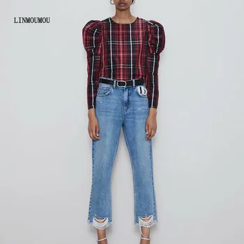 

Ladies' Fashion Autumn New Round Neck Shirt Red Plaid Print Top Lantern Sleeve Slim Short Top