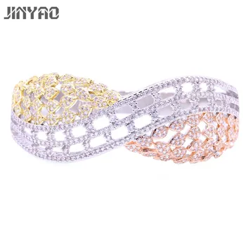 

JINYAO Luxury Three Tones Gold Zircon CZ Cuff Bangle for Women High Quality Copper Cubic Zirconia Accessories Bracelet Gift