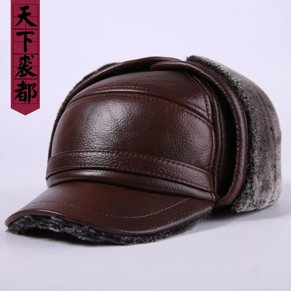 

Super warm men genuine cowhide leather hat ear flap winter autumn male real leather caps thick Bomber hats brand quality