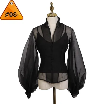 

Out Shirt Hollow Female Stand Collar Lantern Sleeve Tunic High Waist Shirts 2020 Spring Fashion Large Size Clothing