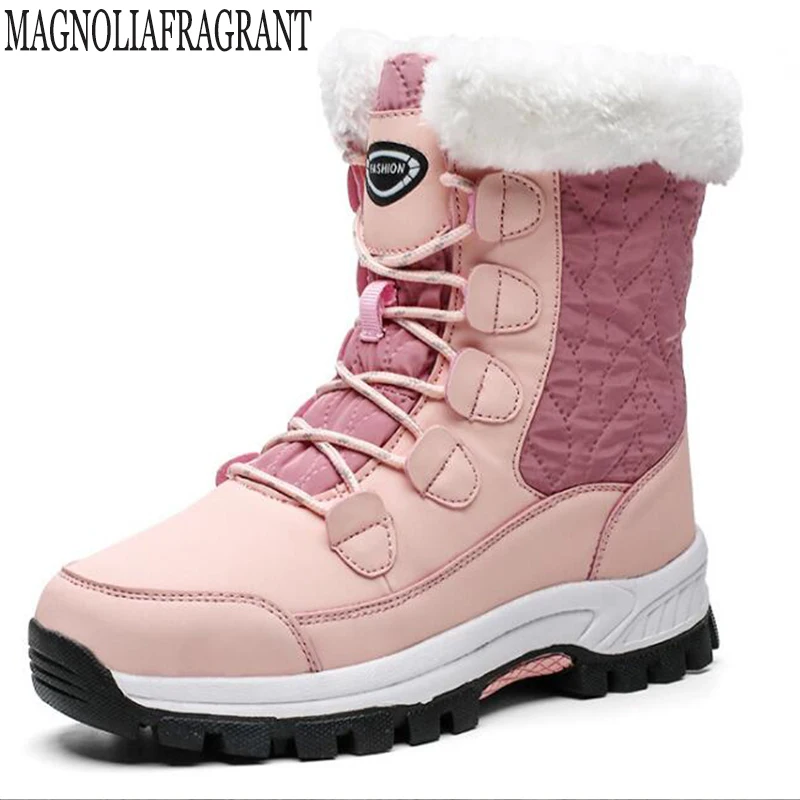 

Fashion Winter Shoes Woman Pink Leather Boots Women Platform Snow Boots Lace Up Flat with Fur Warm Large Size ankle boots y673