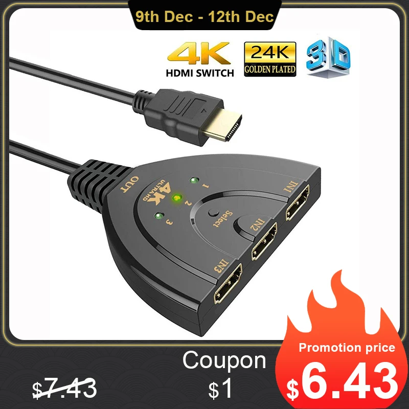 HDMI переключатель 3 порта 4K в 1 выход с высокоскоростным переключателем