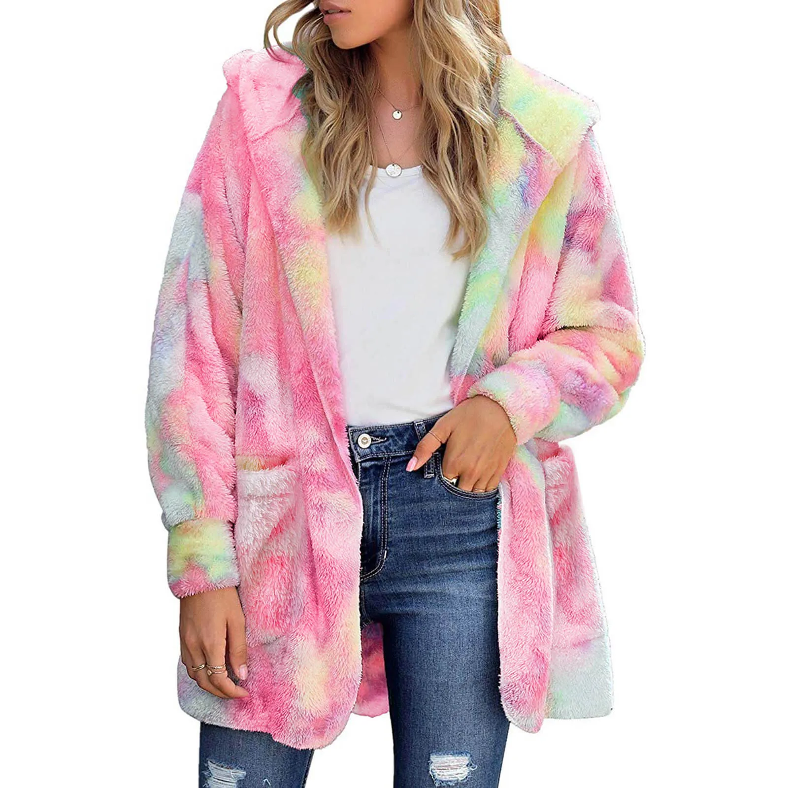 

Winter Women Parkas Tie-dye Hooded Coat Warm Artificial Wool Zipper Pockets Outwear Medium-long Harajuku Undefined Coats Abrigos