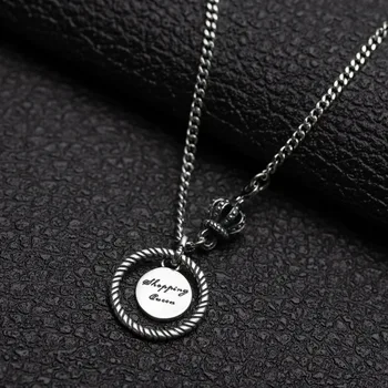 

English round medal crown necklace female 925 sterling silver retro craft Thai silver net red wind ins street fashion style