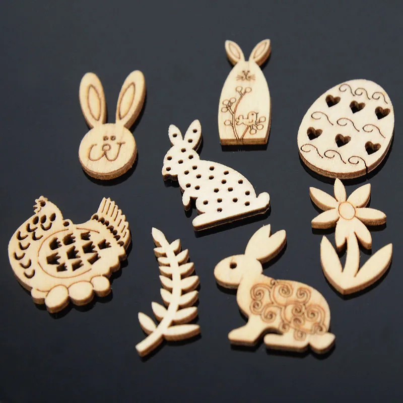 50/100pcs Happy Easter Rabbit Eggs Wooden Craft Easter Decorations Home Party DIY Wood Chips Hanging Ornaments Natural Handcraft