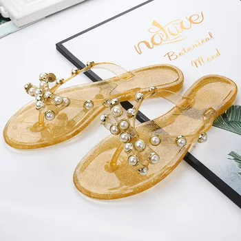 

New style rivet bow flip-flops, pearl orange transparent female out beach sandals and slippers jelly shoes