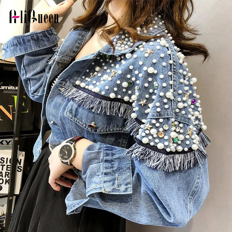 Chaquetas Mujer, осень, уличная одежда, джинсовая куртка для женщин, ручная работа, жемчуг, панк, кисточка, Veste Femme, свободные короткие джинсовые пальто