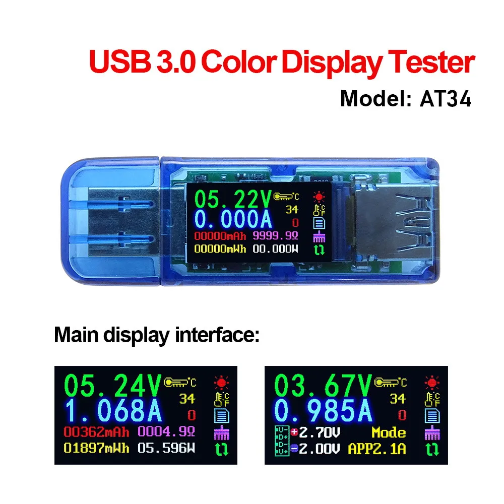 

AT34 AT35 USB 3.0 color LCD Voltmeter ammeter Module voltage current meter battery charge power bank USB Tester Module