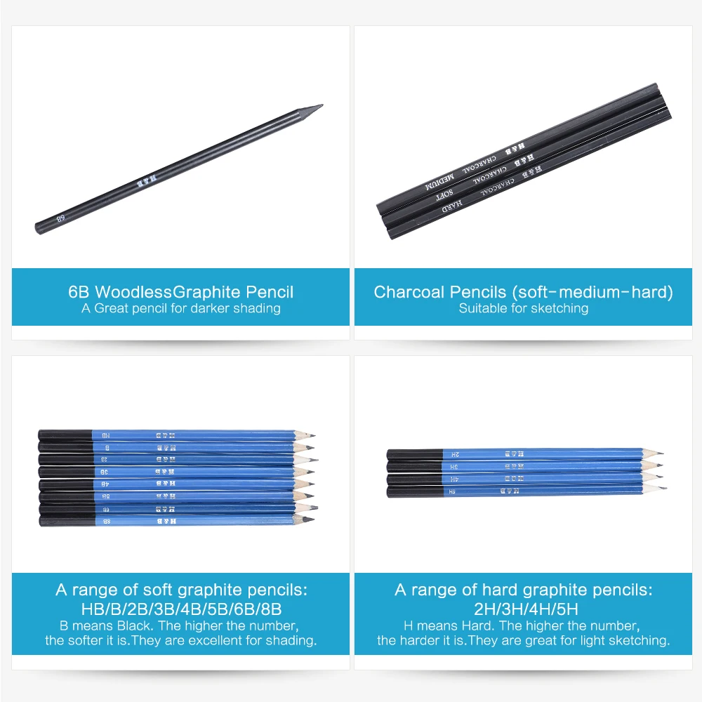 

26pcs Professional Drawing Sketch Pencil Kit Set Sketch Charcoal Pencils Graphite Sticks Erasers Sharpeners for Art Supplies