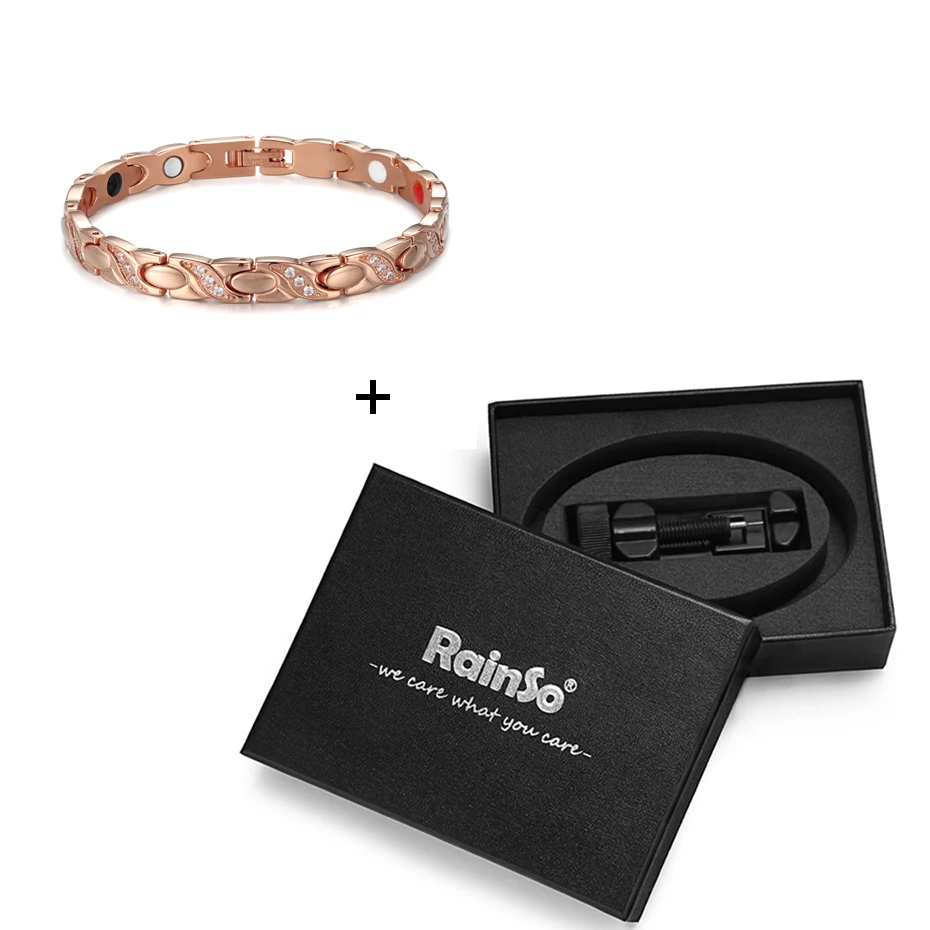 RG with box Женские магнитные браслеты RainSo из нержавеющей стали, модные ювелирные изделия для терапии, золотая цепочка с био-элементами, очаровательный браслет, подарок - Окраска металла: RG with box