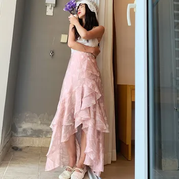 

LANMREM ruffles vent hem skirt for women 2020 autumn new elegant printed long skirt Trumpet sexy zipper bottoms famale YJ476