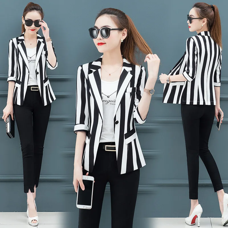 

Stripes Slimming Small Suit Coat 2019 Korean-style Spring Thin Slim Fit Waist Hugging Short Autumn Suit Large Size Dress