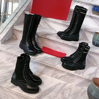 

Brand Designer Women's Boots Genuine Leather Ankle Boots For Woman Stretch Fabric Spring Autumn Women's Shoes Lace-up Boots